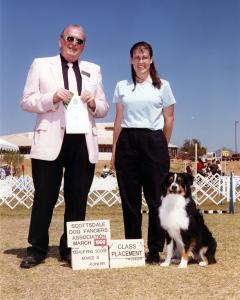 Cody winning 4th place in Novice B with a score of 193.5 under Judge James B Teneyck. Scottsdale Dog Fanciers Ass'n., March 27, 1999.           